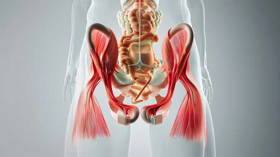 Illustration of human intestines and deep hip muscles in a transparent body. Muscles are highlighted in red, showing anatomical relationships vividly.