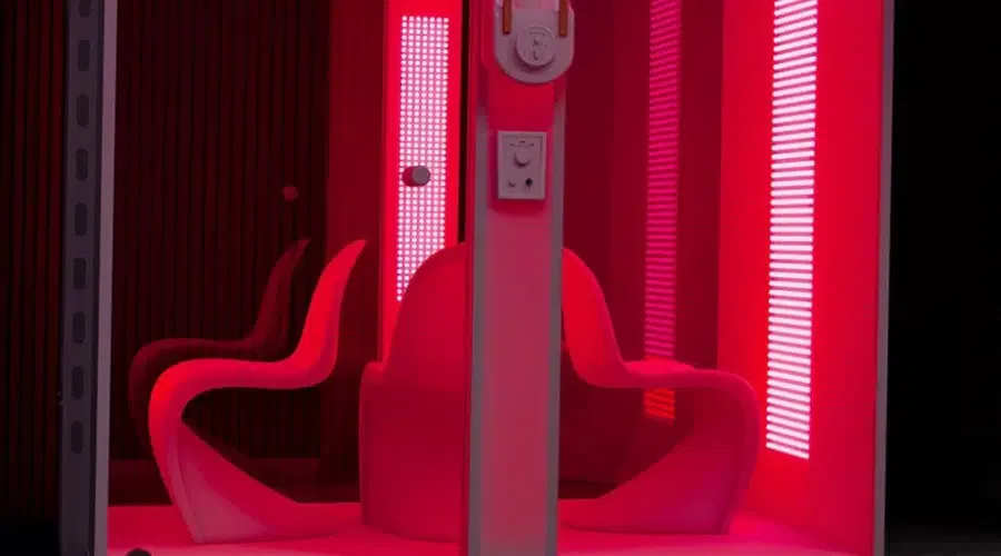 A room with two chairs in a red lighted setting, used for Redlight Therapy.
