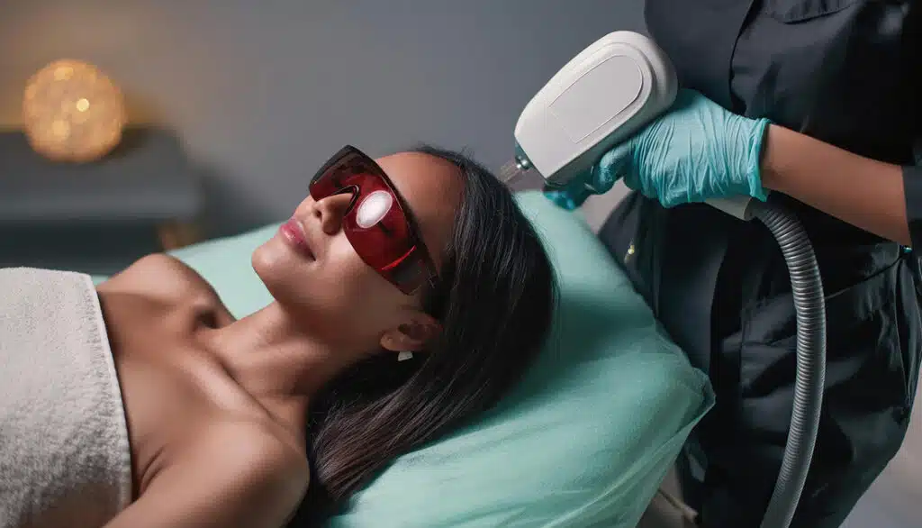A woman lies on a spa bed wearing protective glasses, receiving a laser treatment from a technician in gloves. The ambiance is calm and professional.