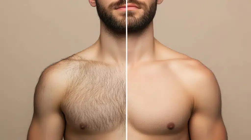 Split image of a man's torso, left half with chest hair and right half hairless, illustrating before and after grooming contrast. Neutral background.