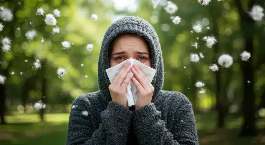 Person outdoors in a gray hoodie, holding a tissue to their nose, surrounded by floating pollen. Expression appears uncomfortable, suggesting allergies.