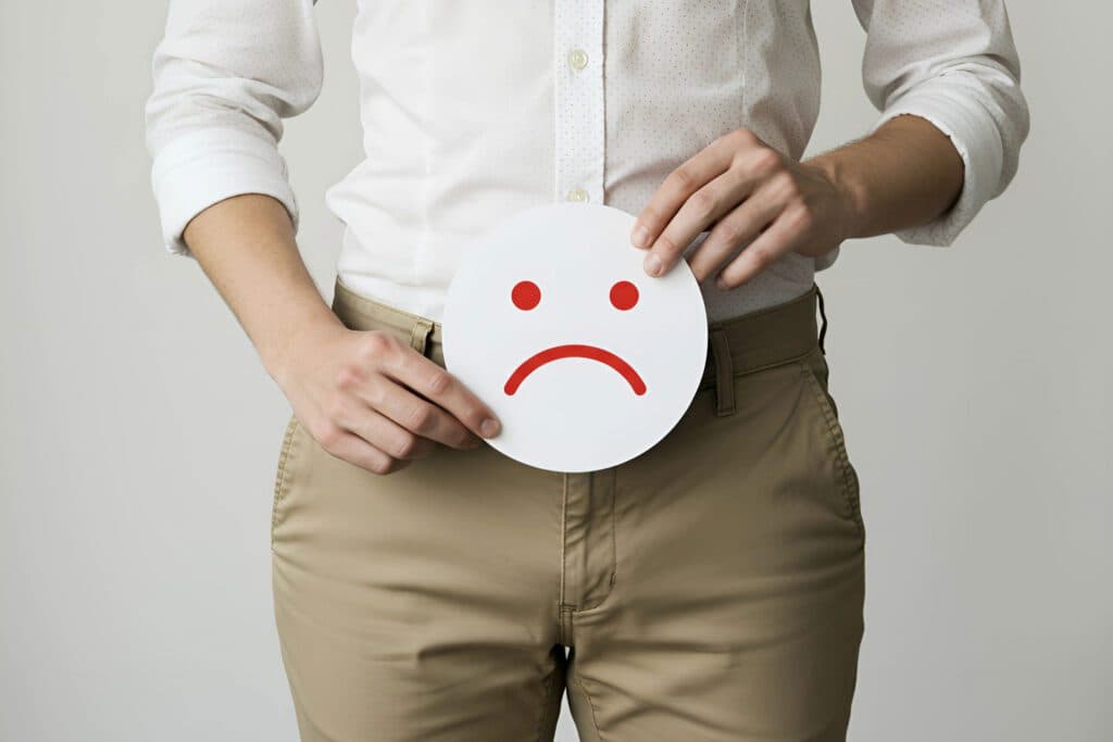 A person in a white shirt and tan pants holds a placard with a red sad face. The mood is somber, conveying disappointment or unhappiness.