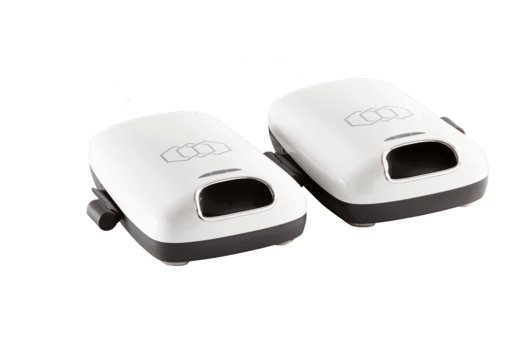 Two white sandwich makers with black bases are side by side on a black background. Both have sleek designs and embossed logos on top.
