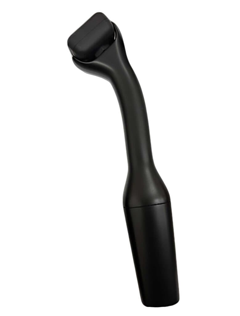 A sleek, black handheld appliance with a curved handle and rectangular head. It has a modern design and minimalist aesthetic.
