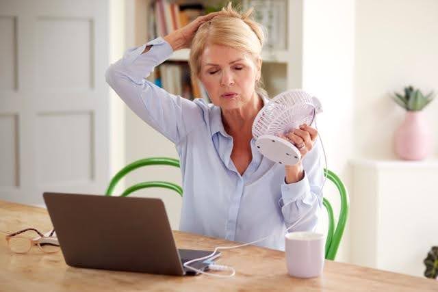 A woman at a table using a laptop with a fan nearby to keep cool