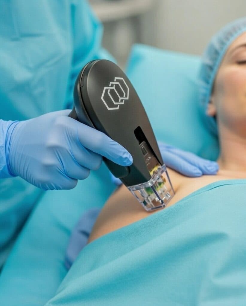 A woman receives a laser hair cut at Ivee Restorative Care, showcasing a modern hair treatment technique.