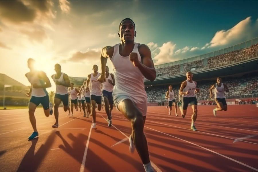 Athletes sprinting on a track at sunset, showcasing improved athletic performance and recovery.