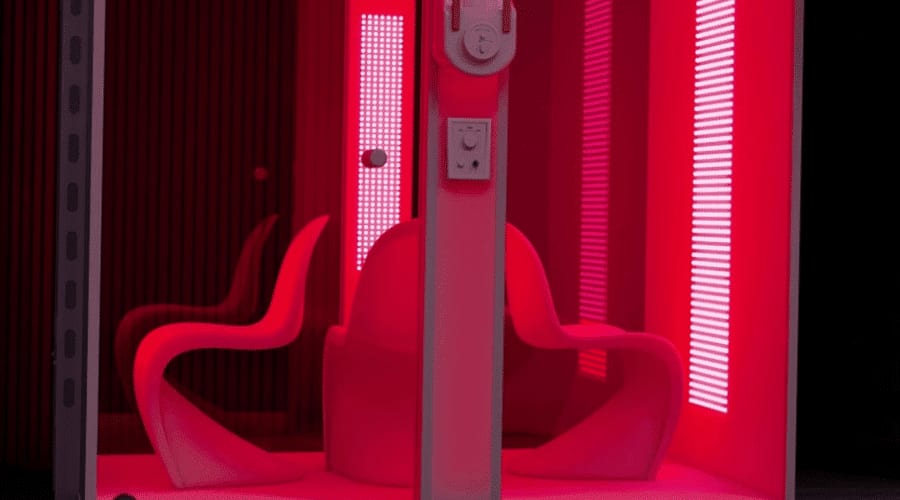 A room with two chairs in a red lighted setting, used for Redlight Therapy.