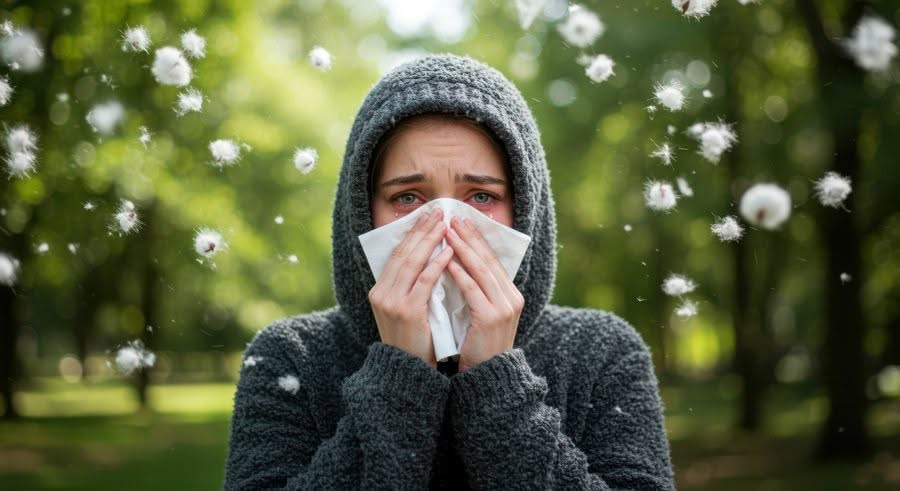 Person outdoors in a gray hoodie, holding a tissue to their nose, surrounded by floating pollen. Expression appears uncomfortable, suggesting allergies.