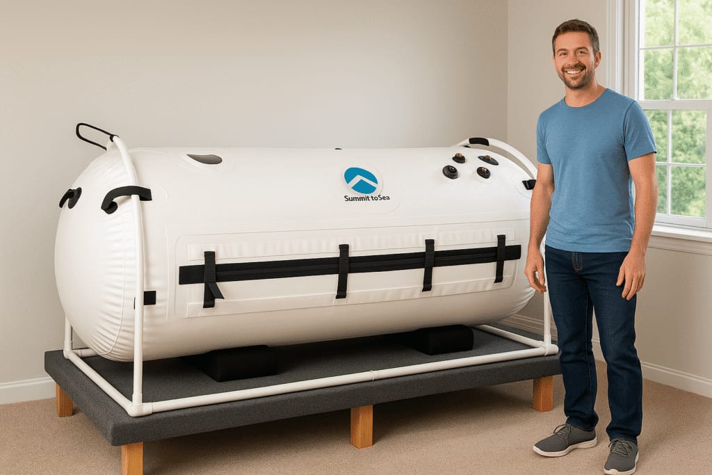Smiling man in a blue shirt stands beside a white hyperbaric chamber in a bright room. The chamber is supported by a sturdy frame. Calm atmosphere.